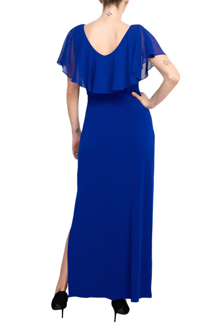 Connected Apparel V-neck Flutter Chiffon Sleeve Solid Column Matte Jersey Gown-3