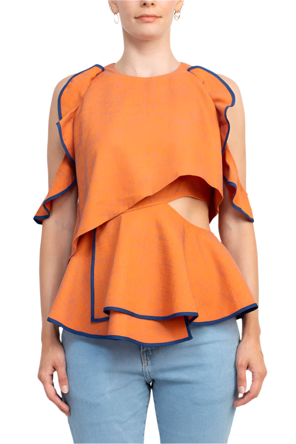 WHY Dress Crew Neck Ruffled Sleeveless Zipper Back Piping Detail Popover Crepe Top-0