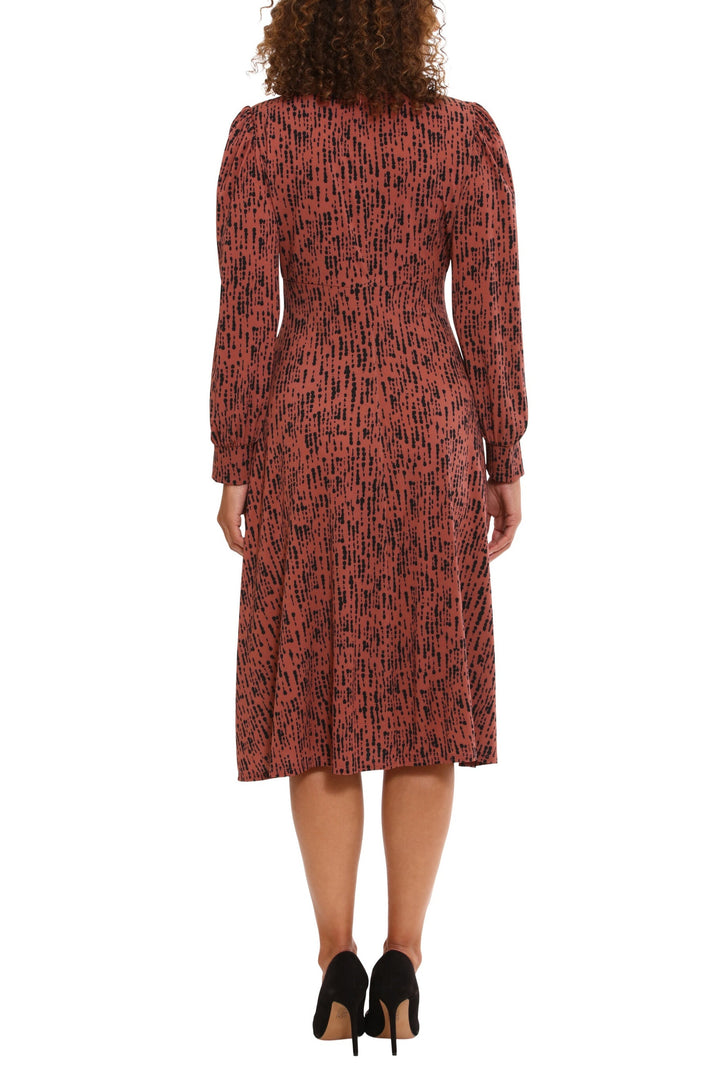 London Times Crew Neck Keyhole Front Long Sleeve A-line Multi Print Matte Jersey Midi Dress-4