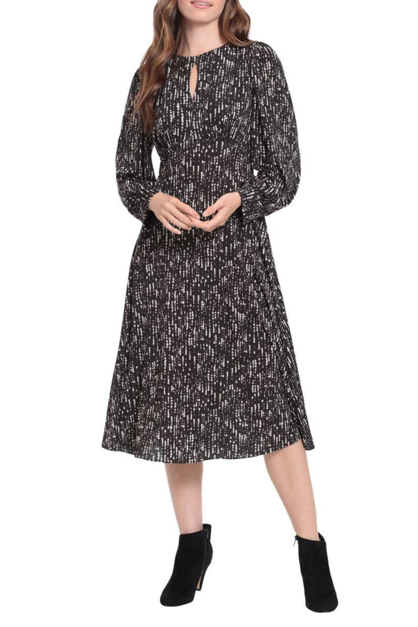 London Times Crew Neck Keyhole Front Long Sleeve A-line Multi Print Matte Jersey Midi Dress-0