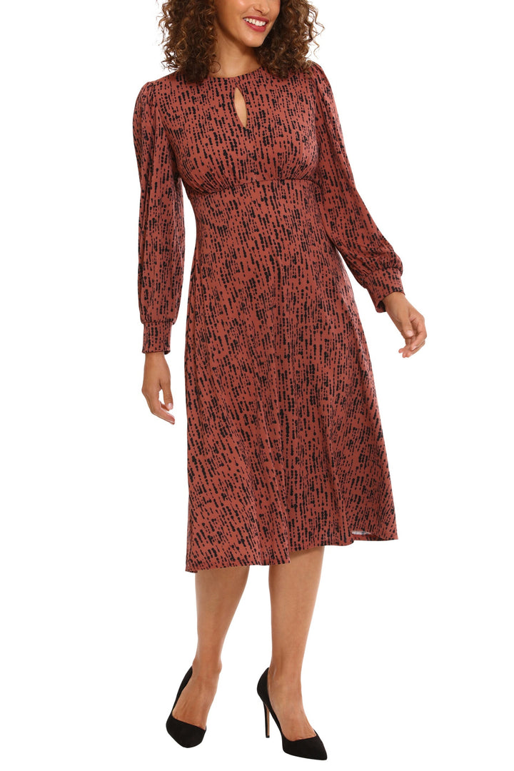 London Times Crew Neck Keyhole Front Long Sleeve A-line Multi Print Matte Jersey Midi Dress-2