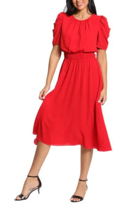 London Times Shirred Jewel Neck Puff Sleeve Midi Dress-3