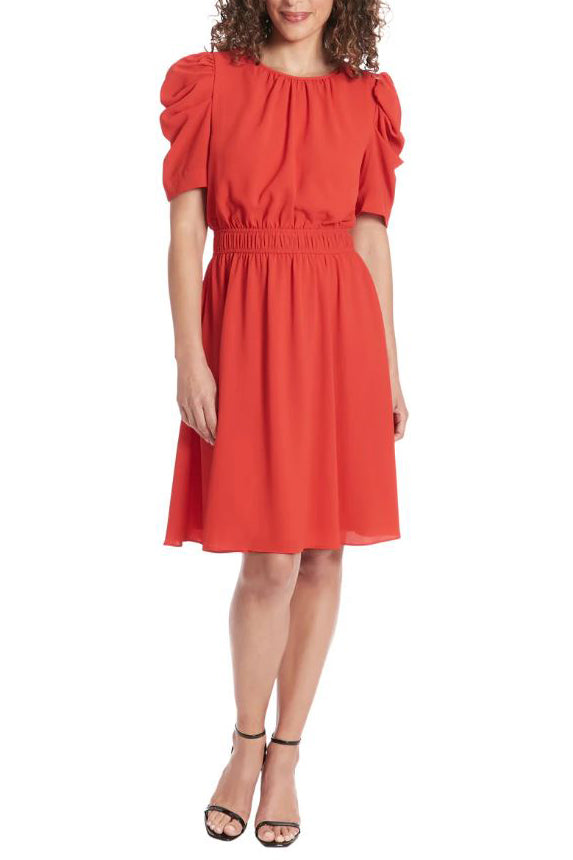 London Times Shirred Jewel Neck Puff Sleeve Midi Dress-0