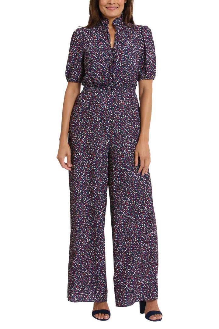 London Times Waist Ruffle Neckline Zip Front Relaxed Leg Jumpsuit-2