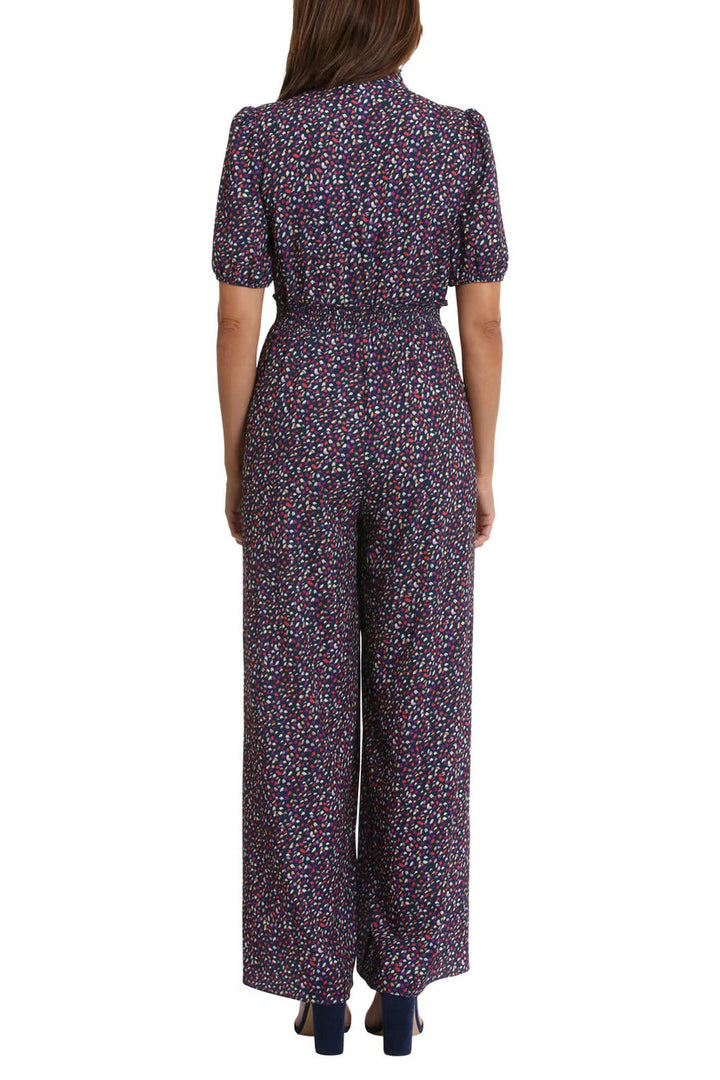 London Times Waist Ruffle Neckline Zip Front Relaxed Leg Jumpsuit-1