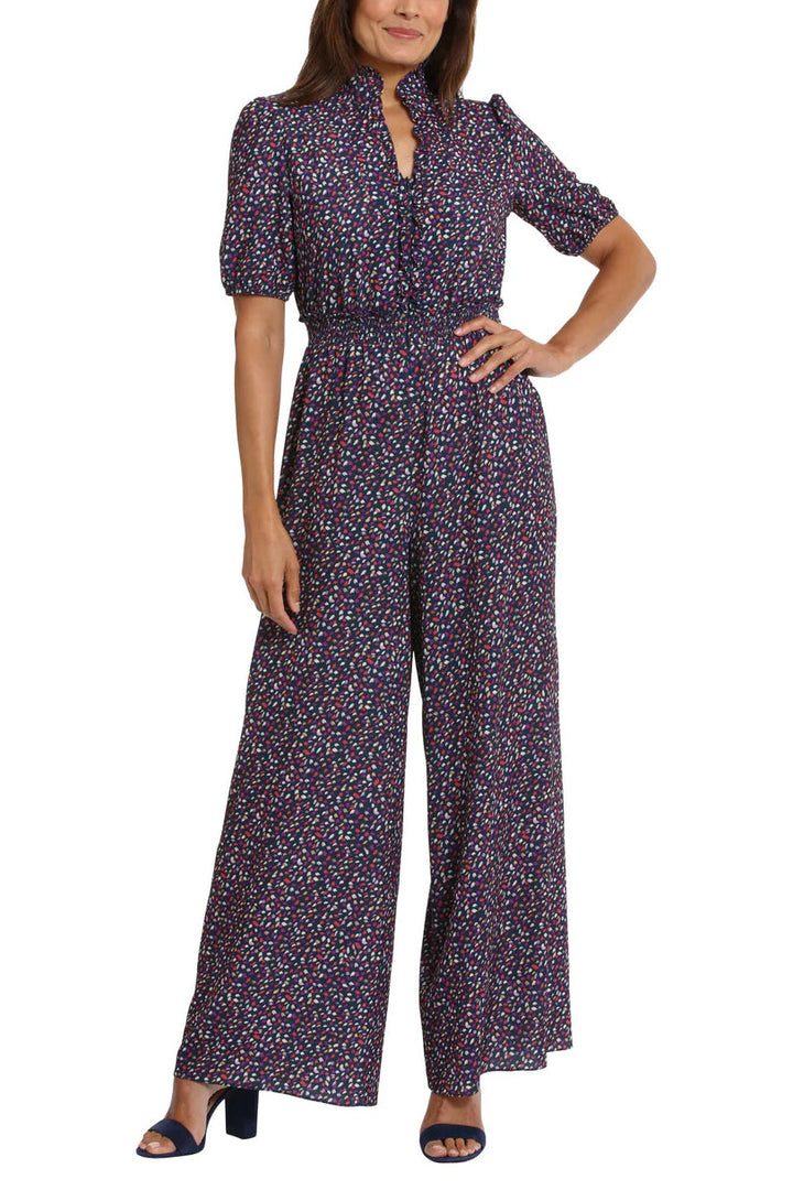 London Times Waist Ruffle Neckline Zip Front Relaxed Leg Jumpsuit-0