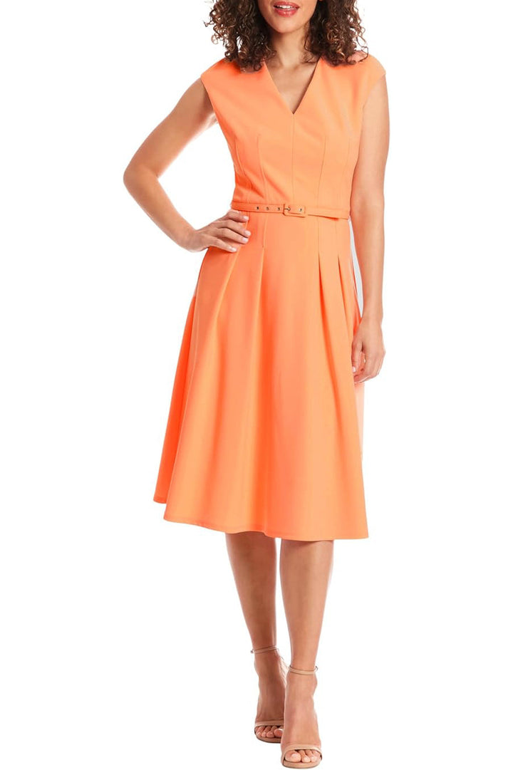 London Times V-Neck Tucked Midi with Belt Dress-1