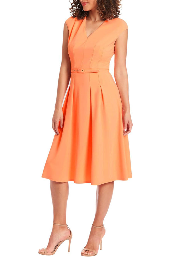 London Times V-Neck Tucked Midi with Belt Dress-0