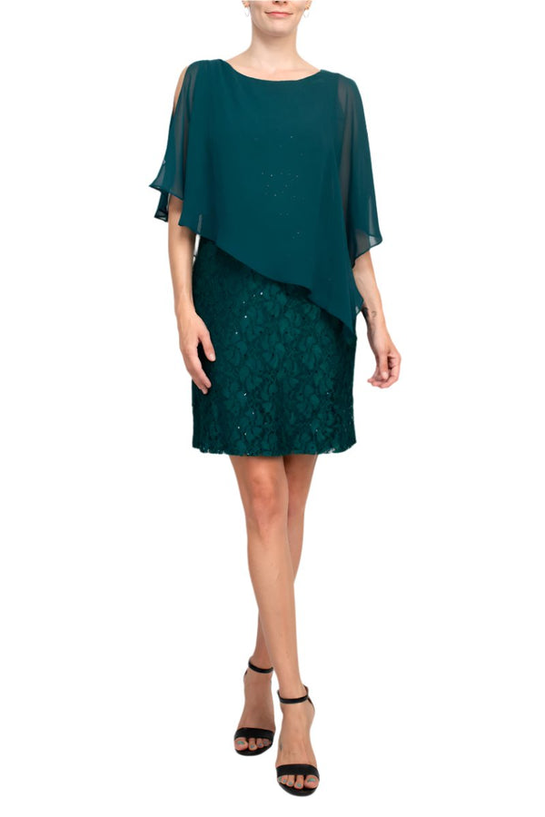 Connected  Apparel Boat Neck Cape Chiffon Sleeve Floral Lace Dress-0