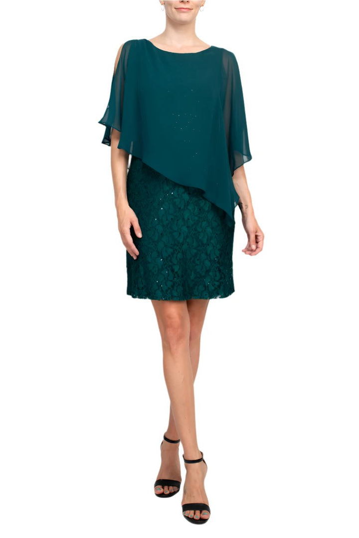 Connected  Apparel Boat Neck Cape Chiffon Sleeve Floral Lace Dress-0