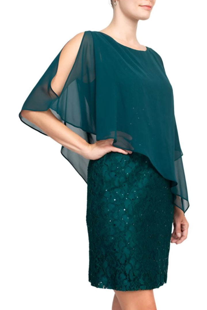 Connected  Apparel Boat Neck Cape Chiffon Sleeve Floral Lace Dress-3