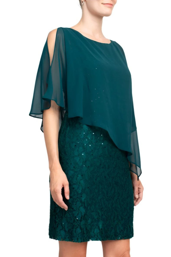 Connected  Apparel Boat Neck Cape Chiffon Sleeve Floral Lace Dress-2