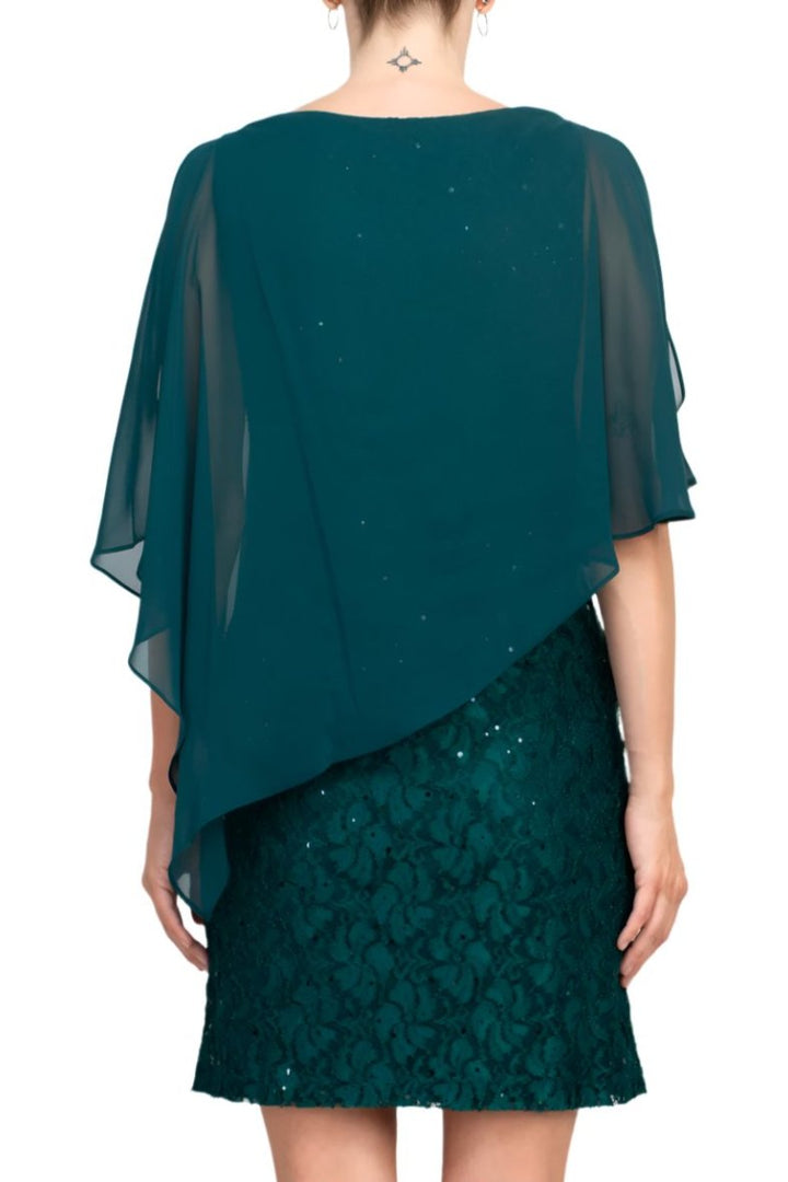 Connected  Apparel Boat Neck Cape Chiffon Sleeve Floral Lace Dress-4