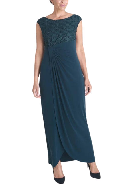 Connected Apparel Cap Sleeve Floor Length Faux Wrap Bodycon Dress-0