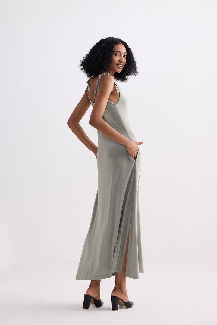 Tie-Detail Maxi Dress in Light Olive-2