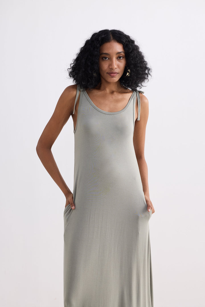 Tie-Detail Maxi Dress in Light Olive-4