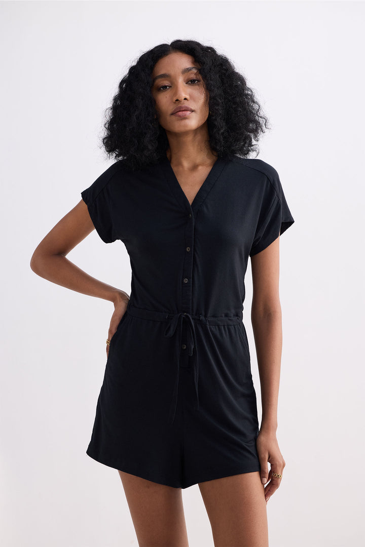 V neck Drawstring Knit Romper in Black-4