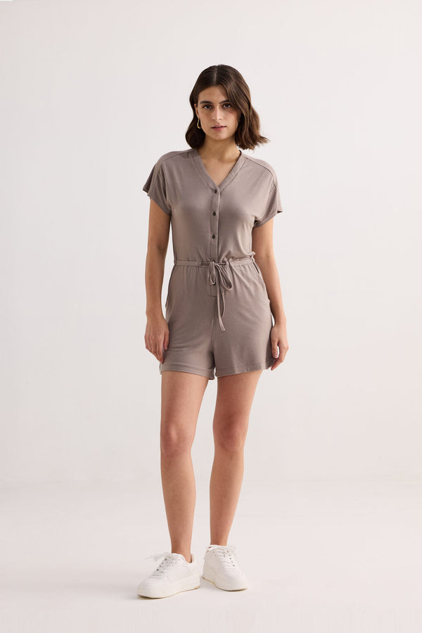 V-neck Drawstring Knit Romper in Dusty Brown-0