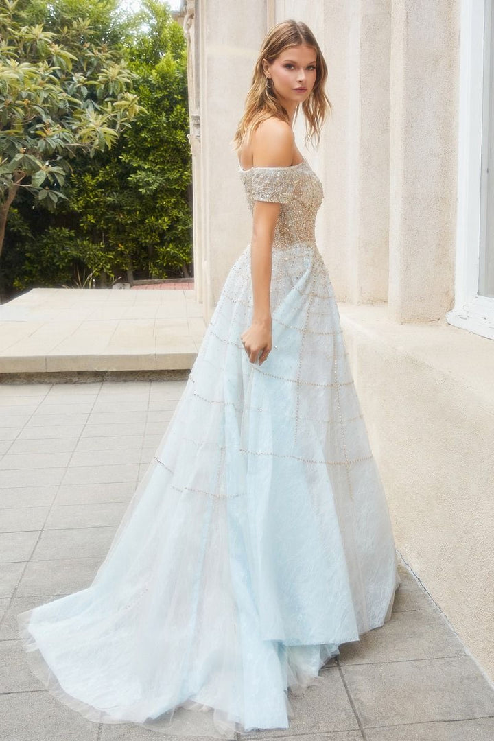 Off The Shoulder Short Sleeve Bodice Sequin Beaded Embellished Long Prom Dress CDA0724-1