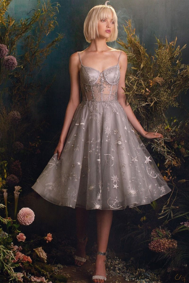 Constellation Corset Tulle A-Line Sheer Bodice Midi Cocktail Dress CDA0823-3