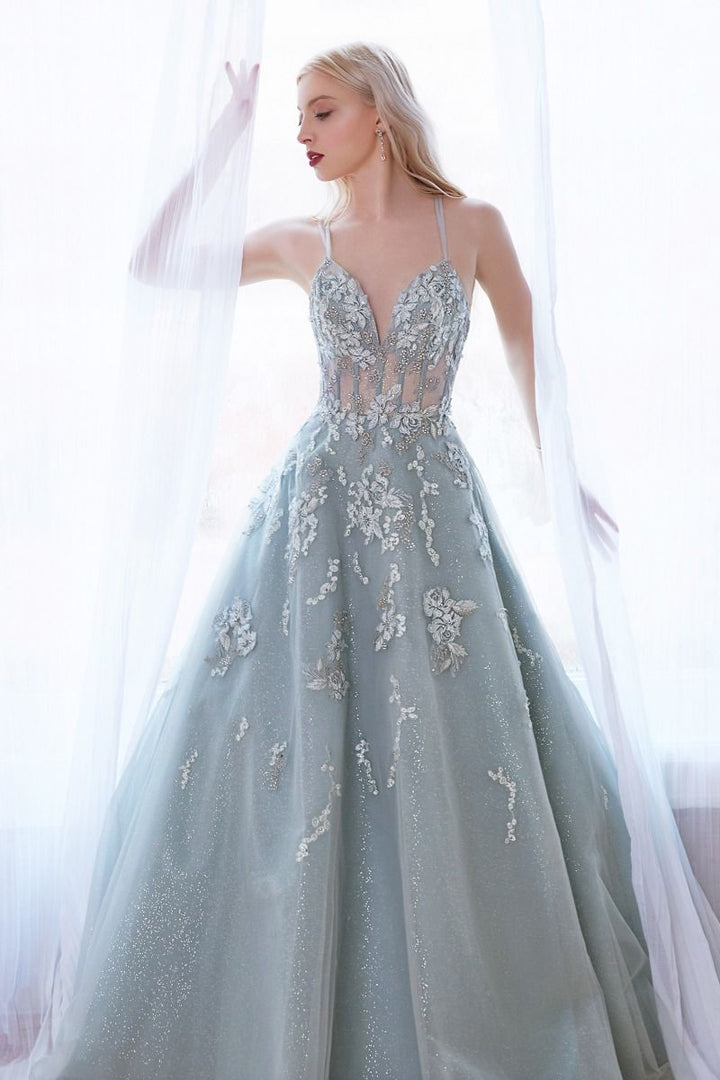 Floral Embroidered V-neck Open Back Bodice Vintage Sensual Long Ball & Prom Dress CDA0892-3