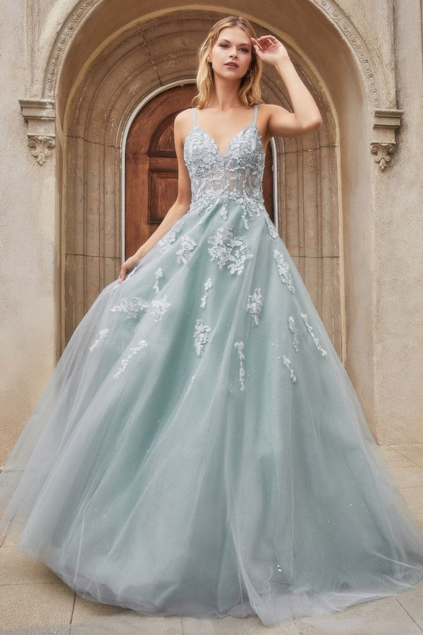 Floral Embroidered V-neck Open Back Bodice Vintage Sensual Long Ball & Prom Dress CDA0892-0