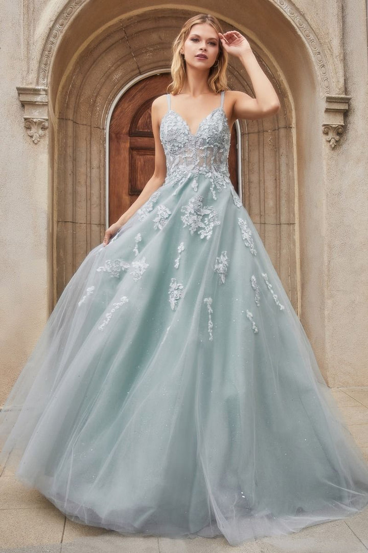 Floral Embroidered V-neck Open Back Bodice Vintage Sensual Long Ball & Prom Dress CDA0892-0