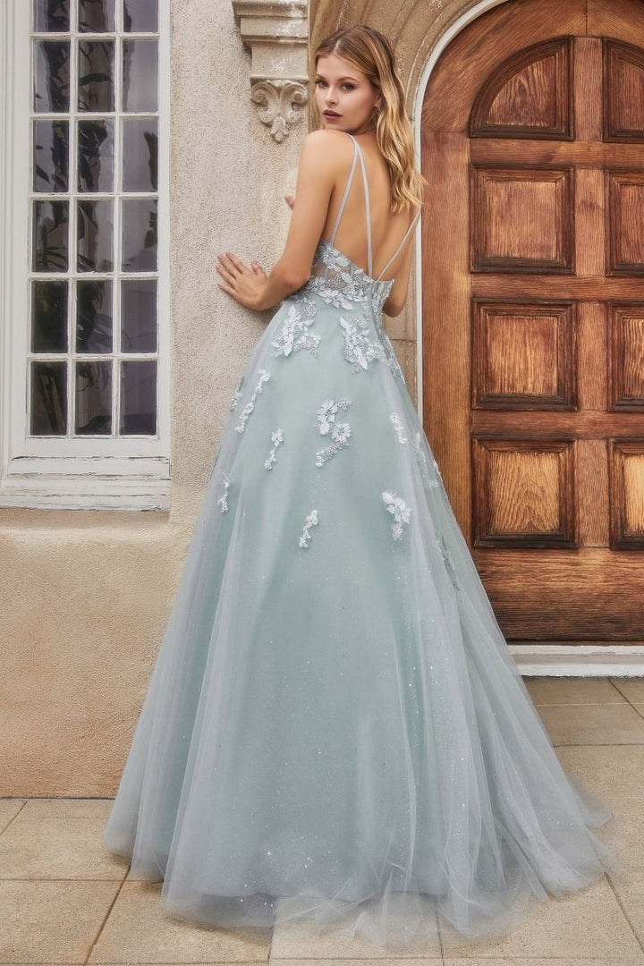 Floral Embroidered V-neck Open Back Bodice Vintage Sensual Long Ball & Prom Dress CDA0892-1
