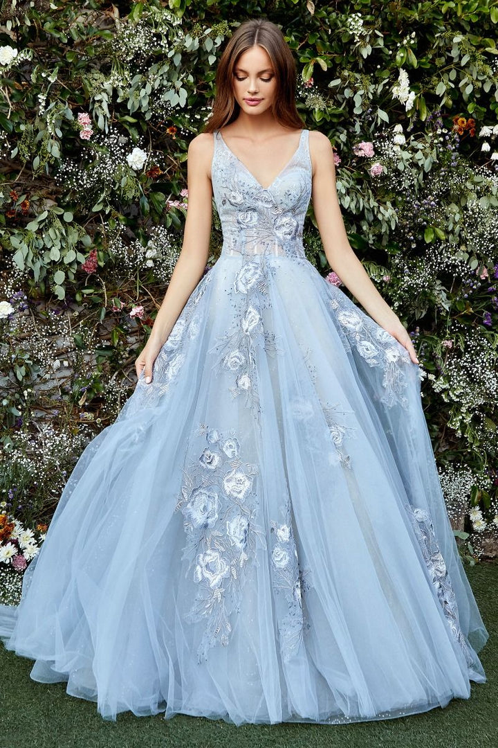 Lilian Tulle Vintage V-neck V-back Floral Bodice Straps Long Ball & Prom Dress CDA0893-0