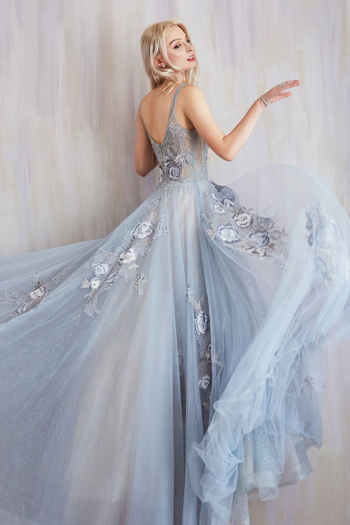 Lilian Tulle Vintage V-neck V-back Floral Bodice Straps Long Ball & Prom Dress CDA0893-3