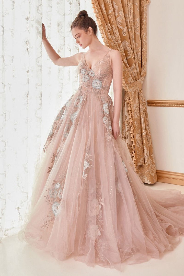 Lilian Tulle Vintage V-neck V-back Floral Bodice Straps Long Ball & Prom Dress CDA0893-4
