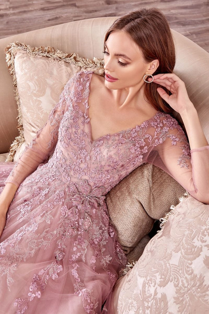 Long Sleeve V-neck V-back Bodice A-Line Long Mother Of The Bride & Prom Dress CDA0988-1