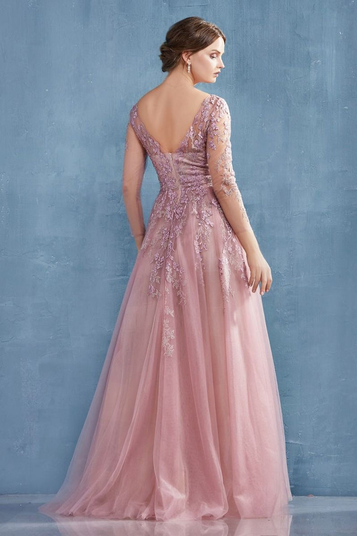 Long Sleeve V-neck V-back Bodice A-Line Long Mother Of The Bride & Prom Dress CDA0988-4