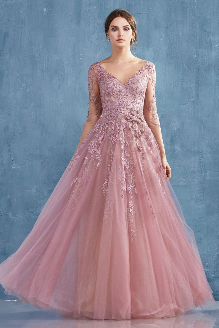Long Sleeve V-neck V-back Bodice A-Line Long Mother Of The Bride & Prom Dress CDA0988-2