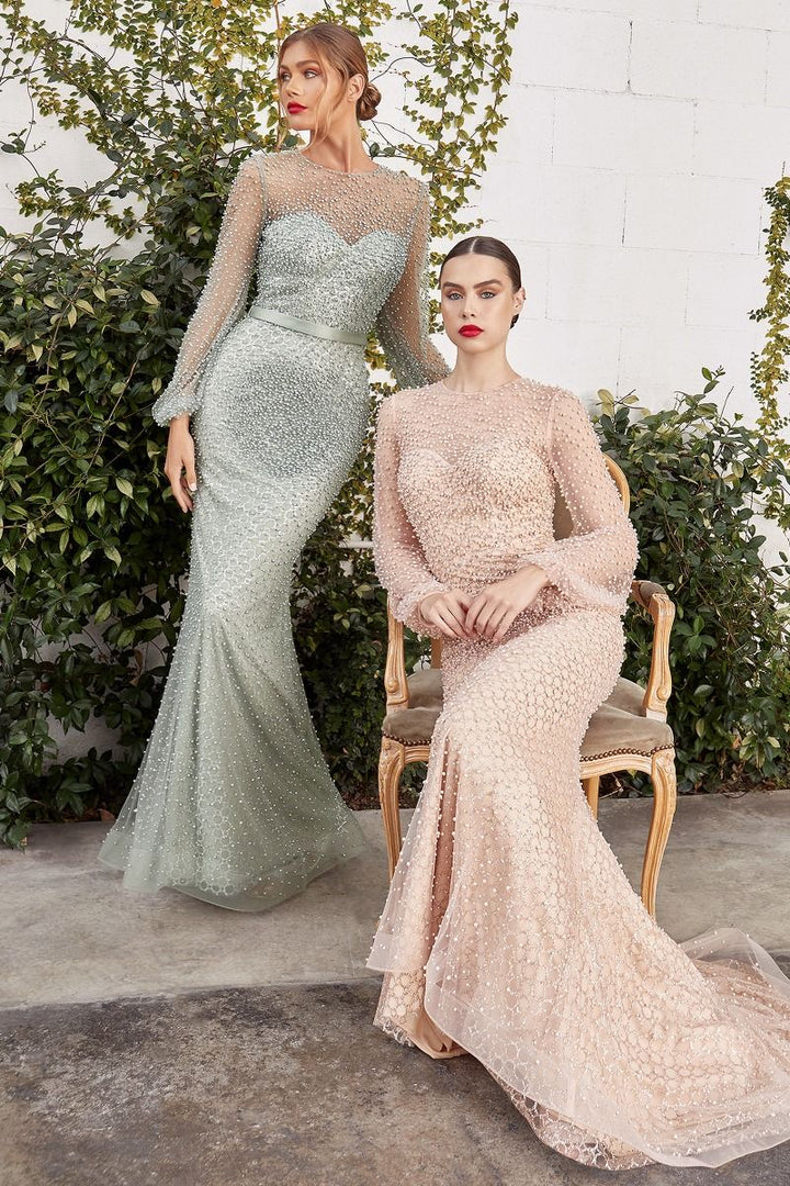 Fully Pearled Gathered Long Sleeves Mermaid Style Fitted On Waist Long Ball & Prom Dress CDA0997-0
