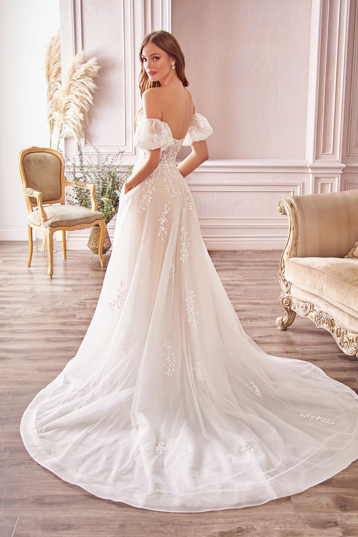 Willow Embroidered Lace Elongated Hem Tail Puff Detached Sleeves Long Wedding Dress CDA1014-1