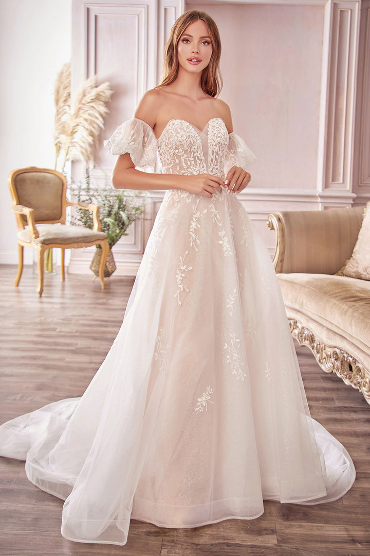 Willow Embroidered Lace Elongated Hem Tail Puff Detached Sleeves Long Wedding Dress CDA1014-2