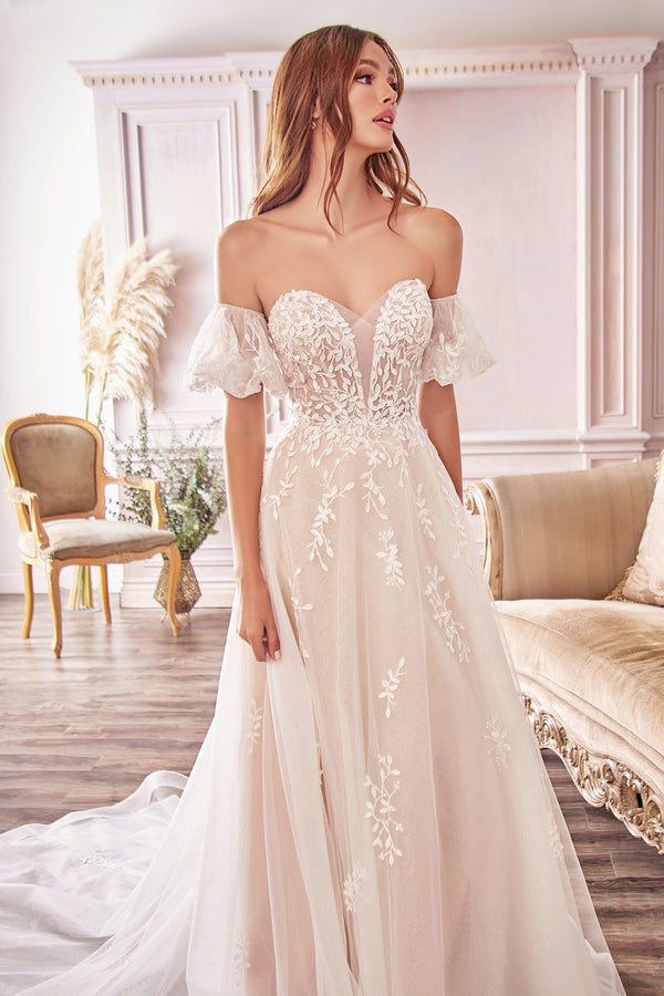 Willow Embroidered Lace Elongated Hem Tail Puff Detached Sleeves Long Wedding Dress CDA1014-0