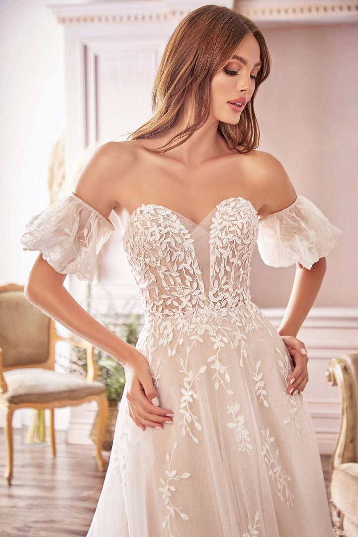Willow Embroidered Lace Elongated Hem Tail Puff Detached Sleeves Long Wedding Dress CDA1014-3