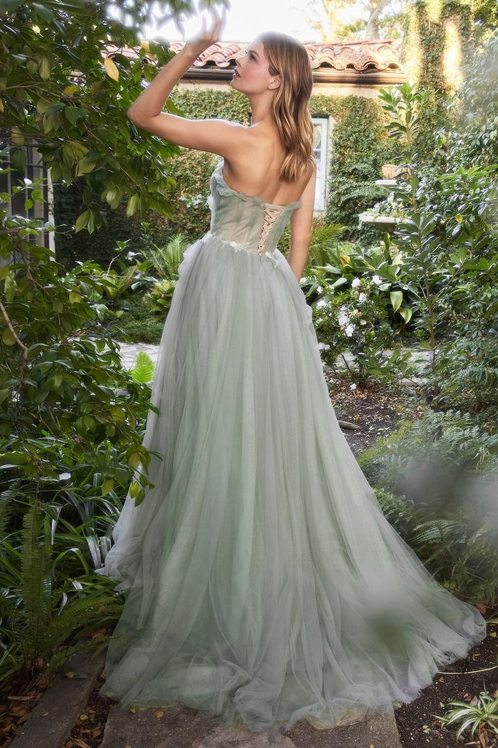 Sage Pleated Drape Strapless Fitted Floral Embroidered Long Ball & Prom Dress CDA1015-1