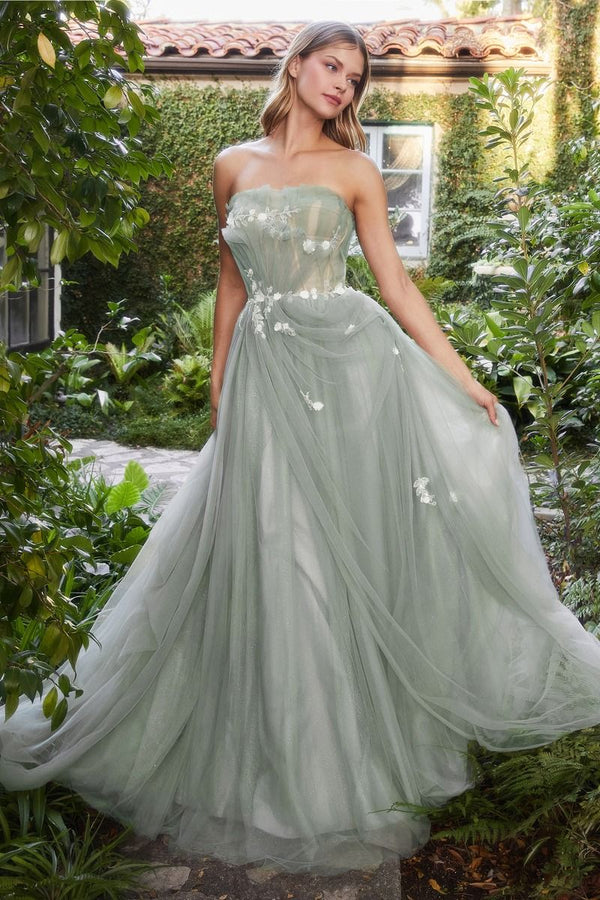 Sage Pleated Drape Strapless Fitted Floral Embroidered Long Ball & Prom Dress CDA1015-0