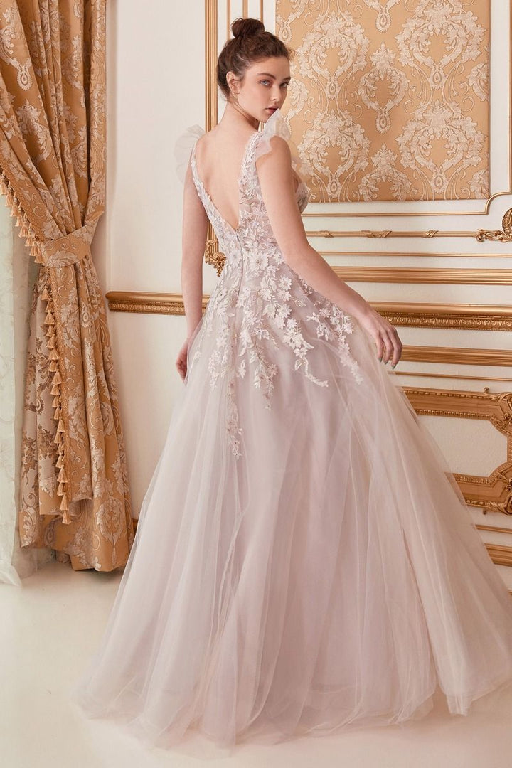 Lennox Floral Illusion V-Neck Open V-Back A-Line Long Prom Dress CDA1018-1