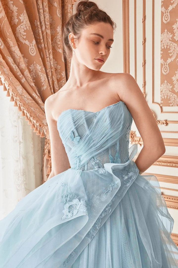 Strapless Layered Tulle Floral Embroidered Bodice A-line Long Prom & Ball Dress CDA1021-1