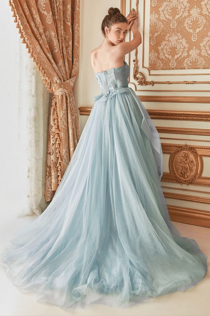 Strapless Layered Tulle Floral Embroidered Bodice A-line Long Prom & Ball Dress CDA1021-2