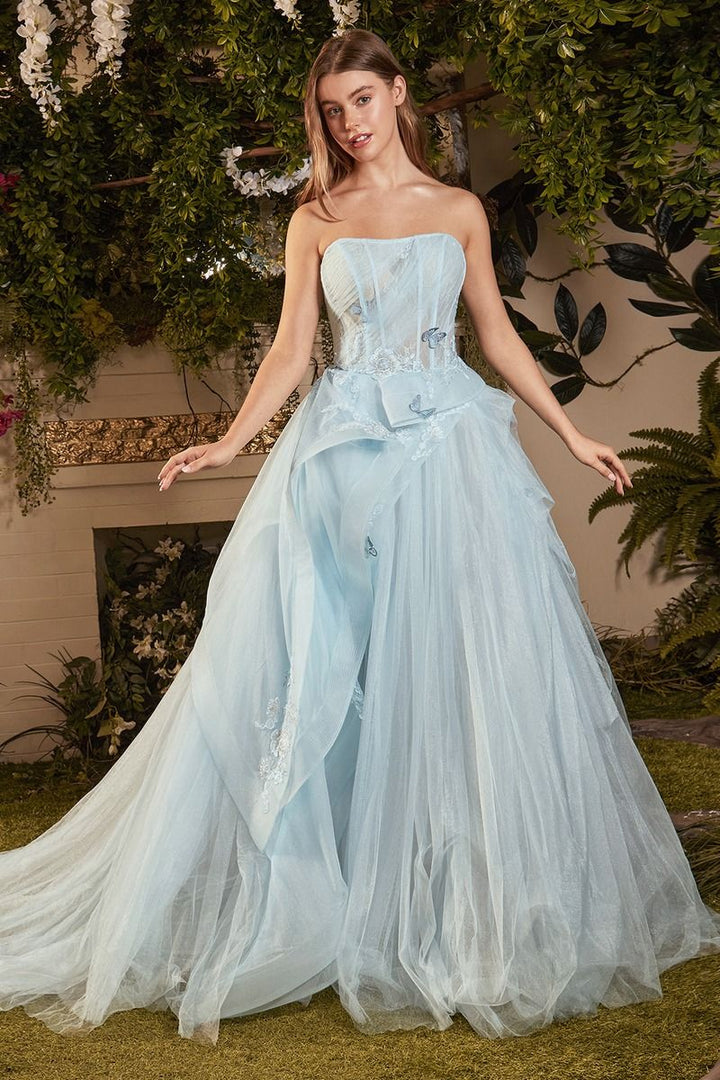 Strapless Layered Tulle Floral Embroidered Bodice A-line Long Prom & Ball Dress CDA1021-3