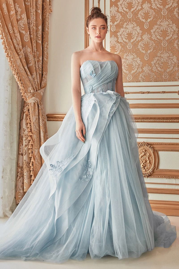 Strapless Layered Tulle Floral Embroidered Bodice A-line Long Prom & Ball Dress CDA1021-0