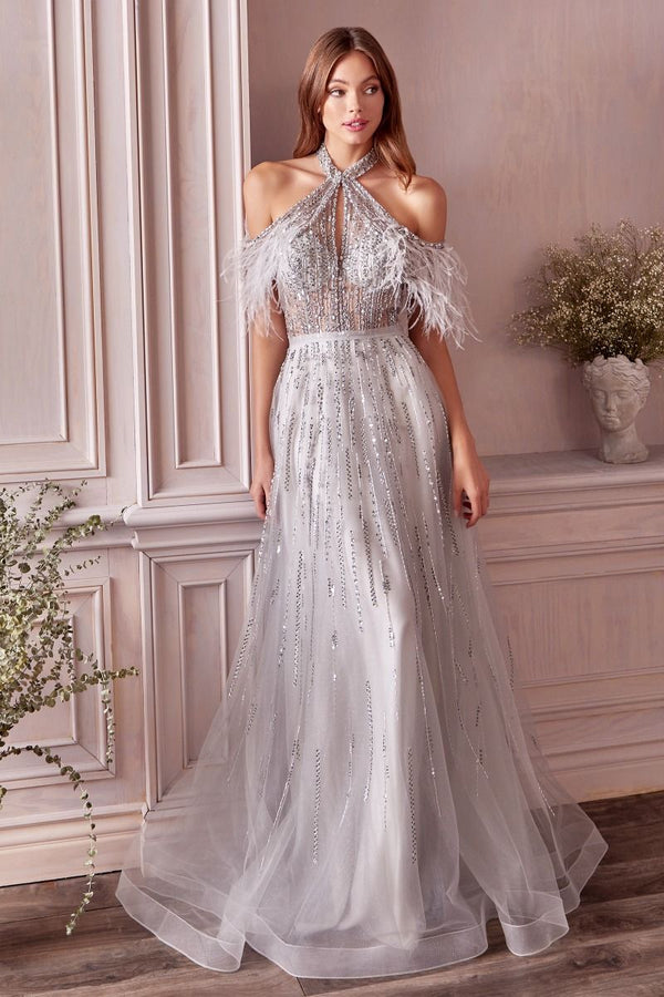Anastasia Feather Halter Embroidered Bodice Back Cut Out Long Prom & Bridesmaid Dress CDA1023-0