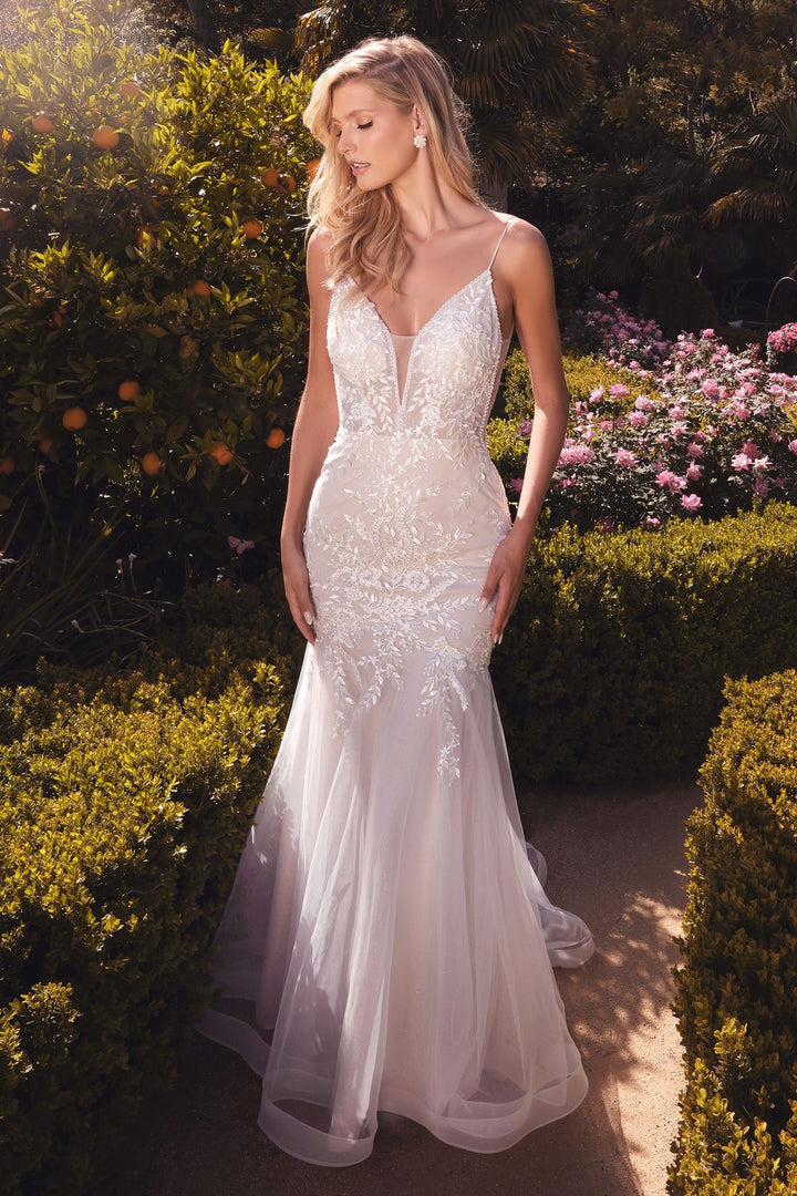 Floral Embellished Mermaid Fitted Bodice Detachable Bow Straps Long Wedding Dress CDA1039W-0