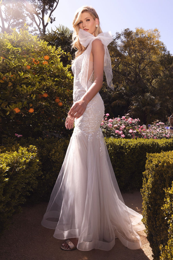 Floral Embellished Mermaid Fitted Bodice Detachable Bow Straps Long Wedding Dress CDA1039W-1