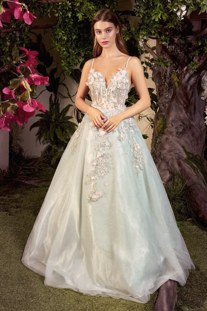 Tiana Blossom Appliqué Floral Bodice Backless Structured Corset Long Prom & Ball Dress CDA1040-4
